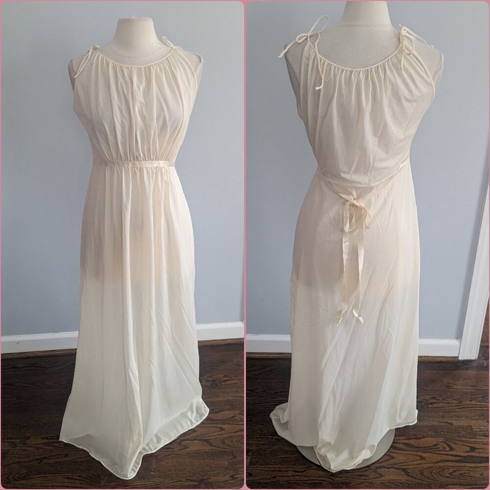 Vintage Women's Lingerie Slip Cream Shadowline 36 Tie Sleeve Knot Maxi